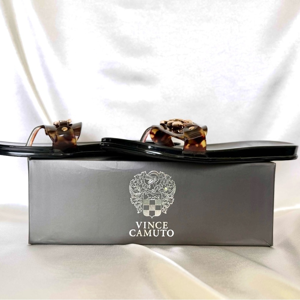 Vince Camuto Black and Gold Slide Sandals. - Picture 3 of 5